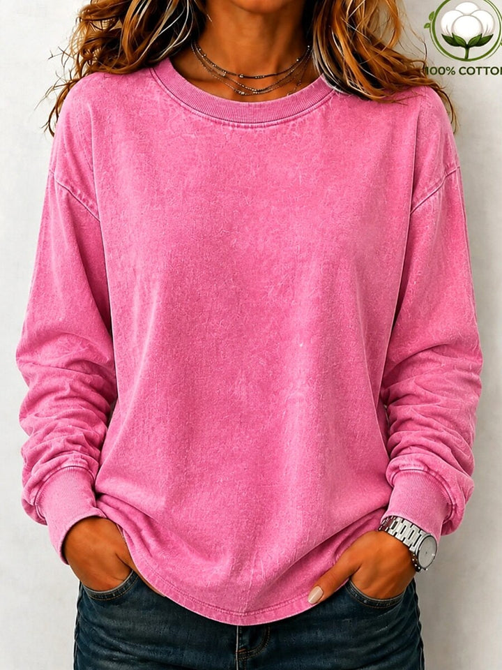 Pink sweatshirt dame i vasket bomuld set forfra med ribkant
