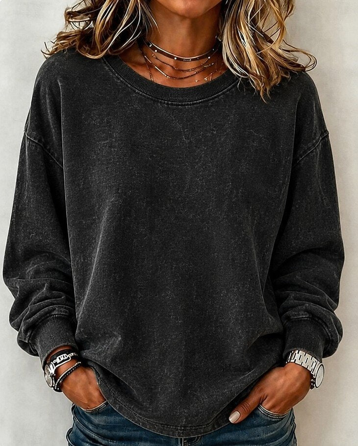 Sweatshirt dame i vasket bomuld med rund hals