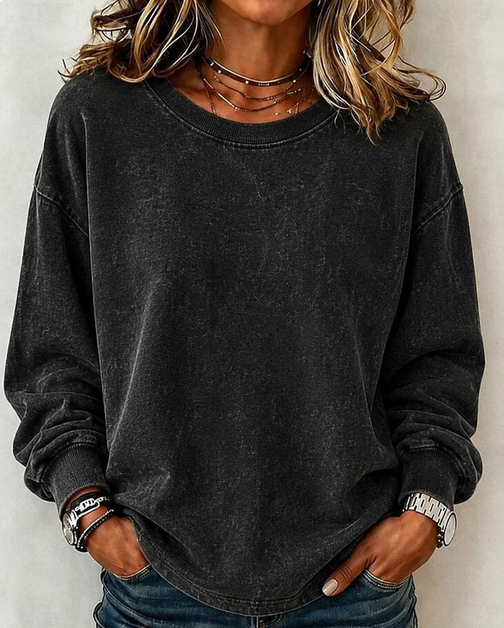Sweatshirt dame i vasket bomuld med rund hals