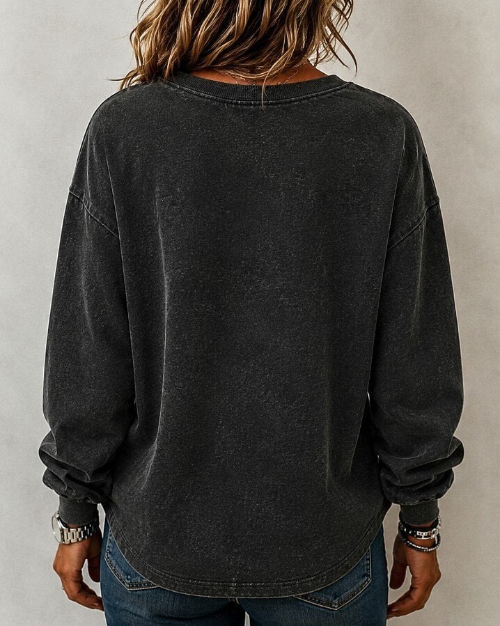 Sweatshirt dame i vasket bomuld med rund hals
