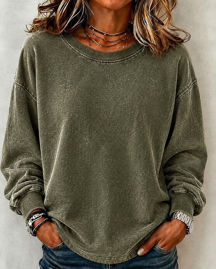 Sweatshirt dame i vasket bomuld med rund hals