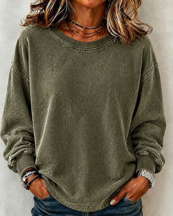 Sweatshirt dame i vasket bomuld med rund hals