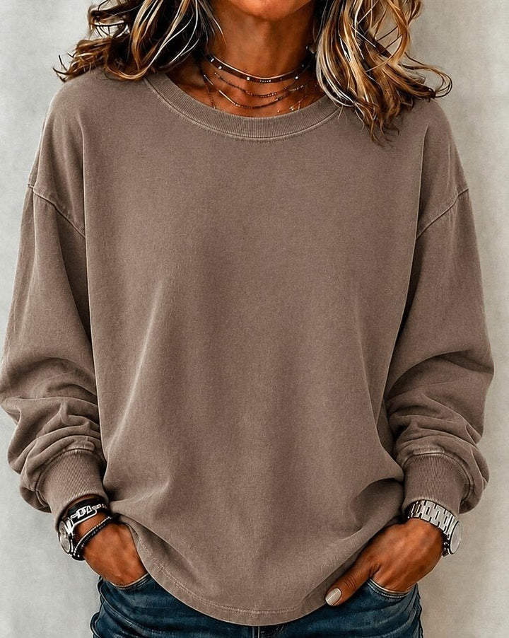 Sweatshirt dame i vasket bomuld med rund hals