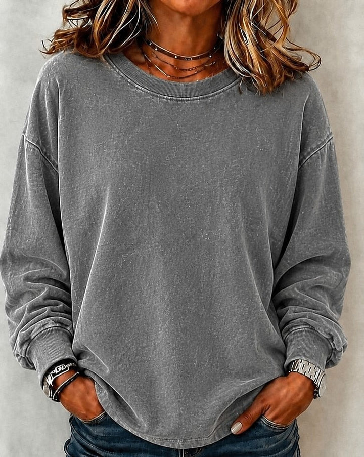 Sweatshirt dame i vasket bomuld med rund hals