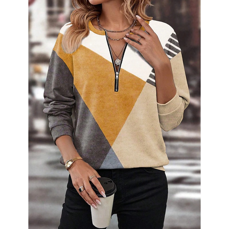 Geometrisk sweatshirt dame med halv lynlås i gul og beige