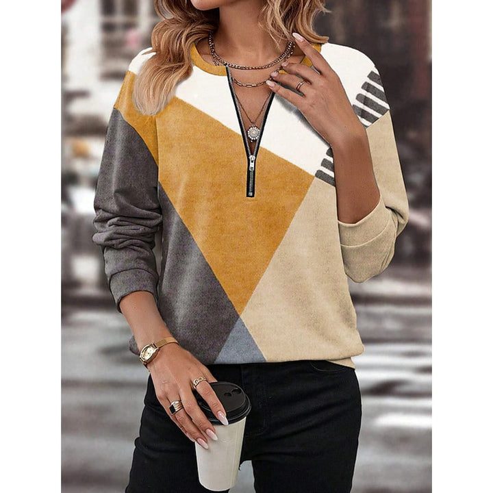 Geometrisk sweatshirt dame med halv lynlås i gul og beige