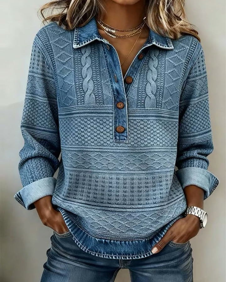 Blå sweatshirt dame med polokrave og strikmønster
