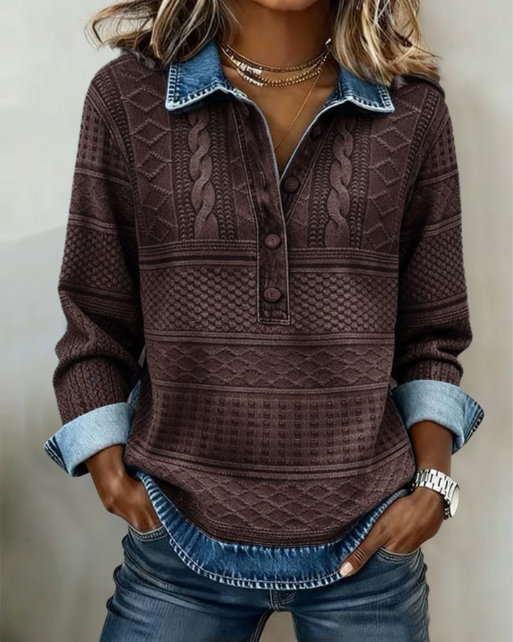 Brun sweatshirt dame med strikmønster og denimlook manchetter