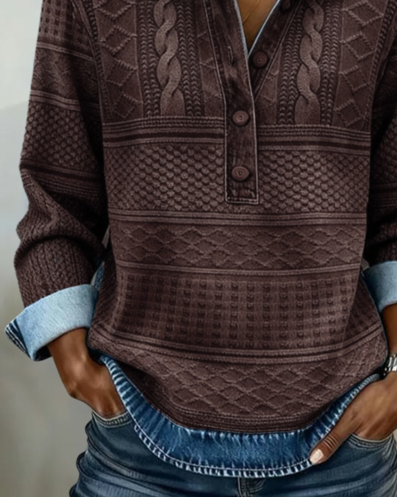 Sweatshirt dame med polokrave og strikmønster