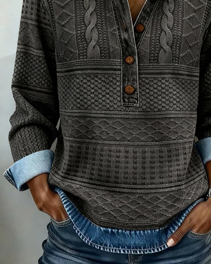 Sweatshirt dame med polokrave og strikmønster