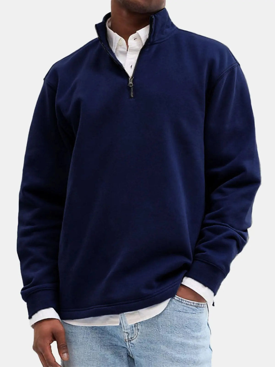 Marineblå sweatshirt herre med half zip og opretstående krave