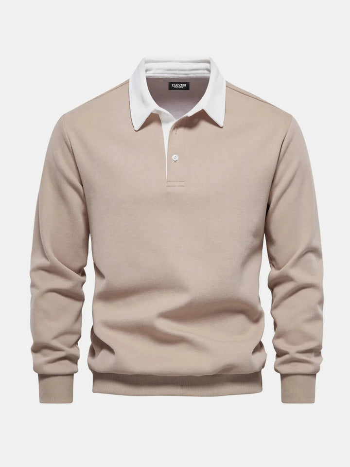 Khaki sweatshirt herre med hvid polokrave set forfra