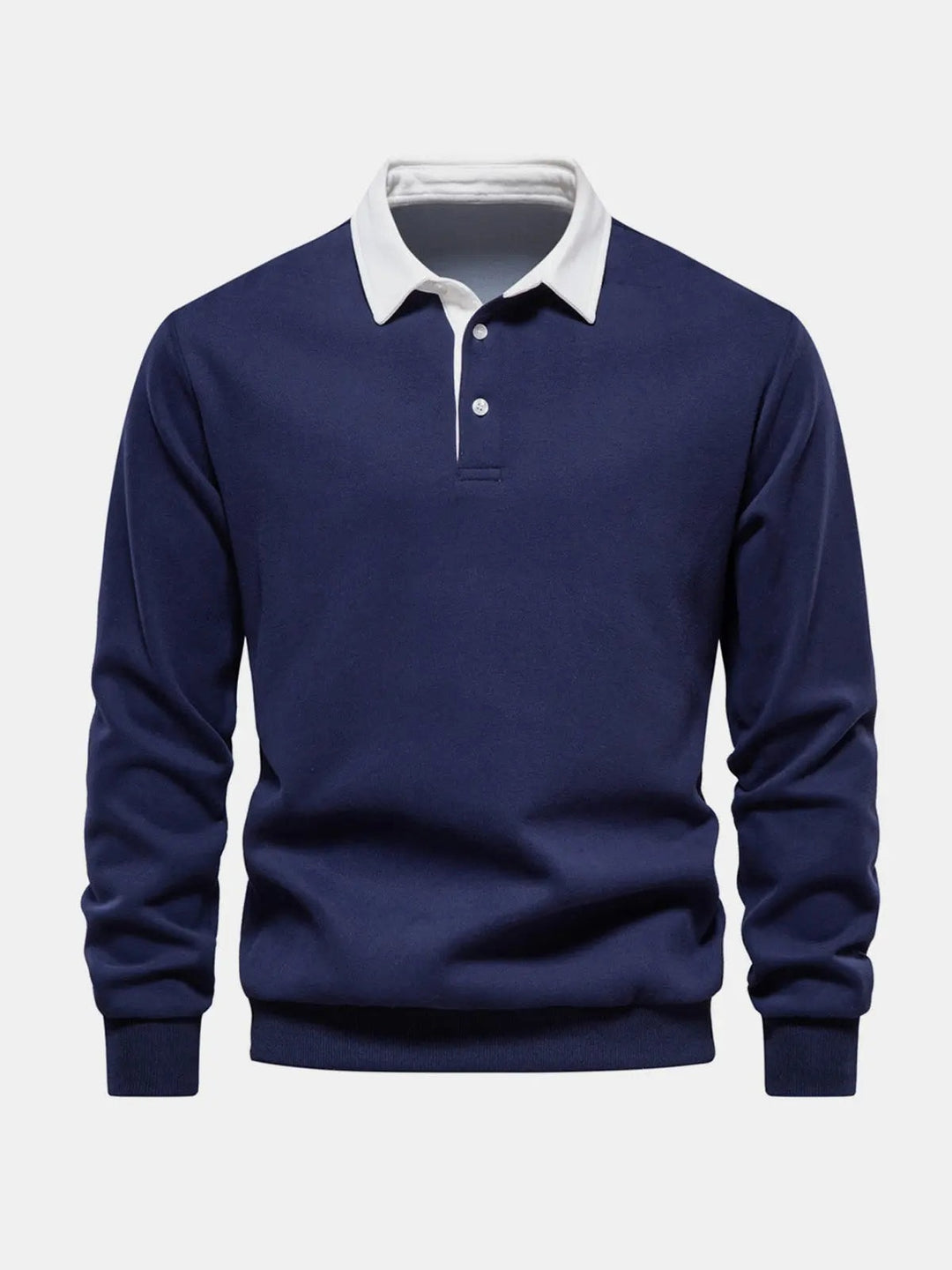 Marineblå sweatshirt herre med hvid polokrave og lange ærmer