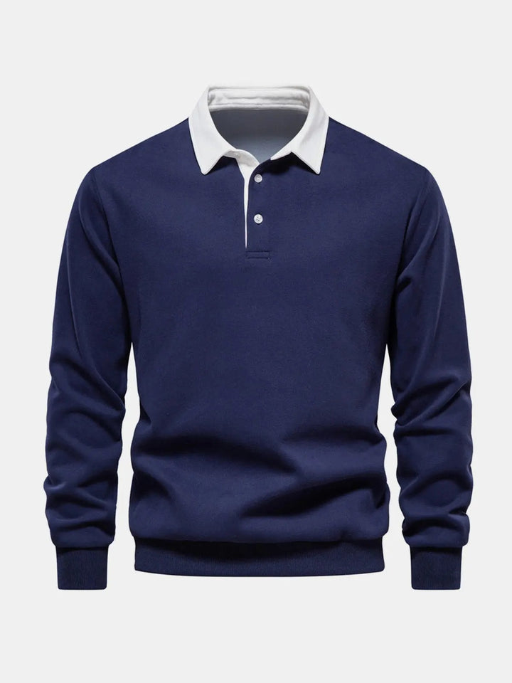 Marineblå sweatshirt herre med hvid polokrave og lange ærmer