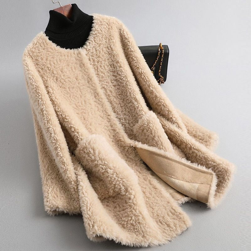 Beige teddy frakke dame i shearling med lommer og foer