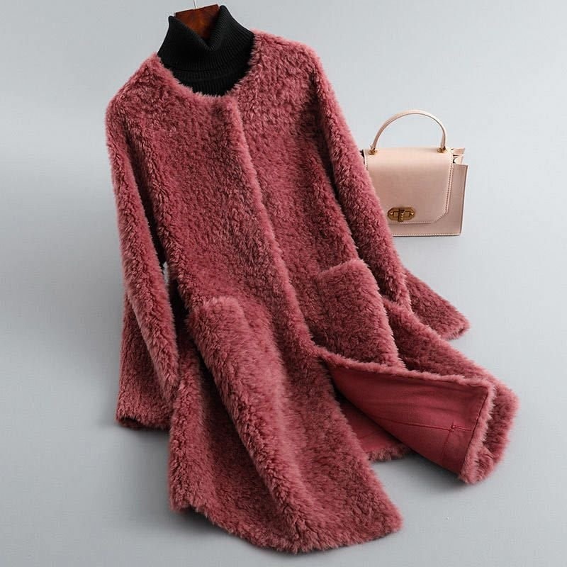 Teddy frakke dame i rosa rød shearling med lommer