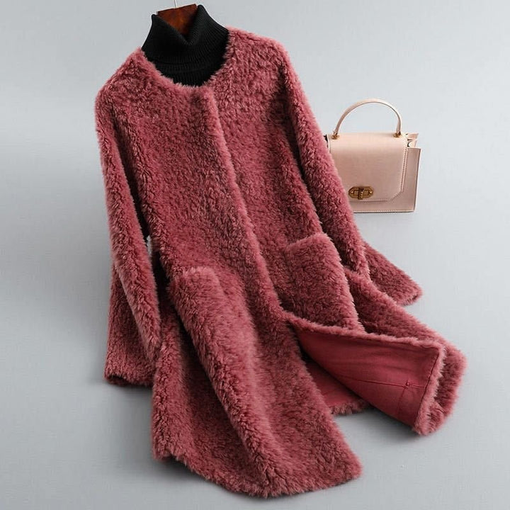 Teddy frakke dame i rosa rød shearling med lommer