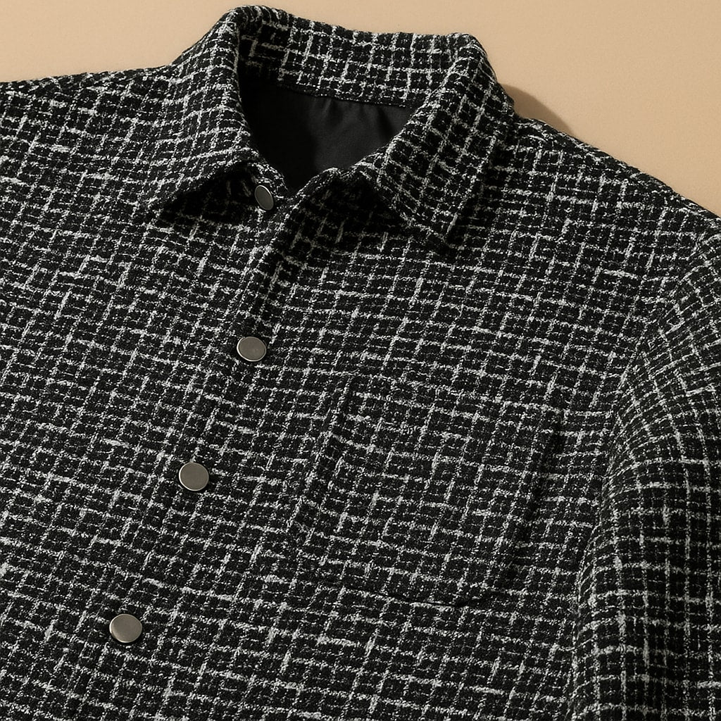 Detalje af skjortekrave, trykknapper og brystlomme på overshirt