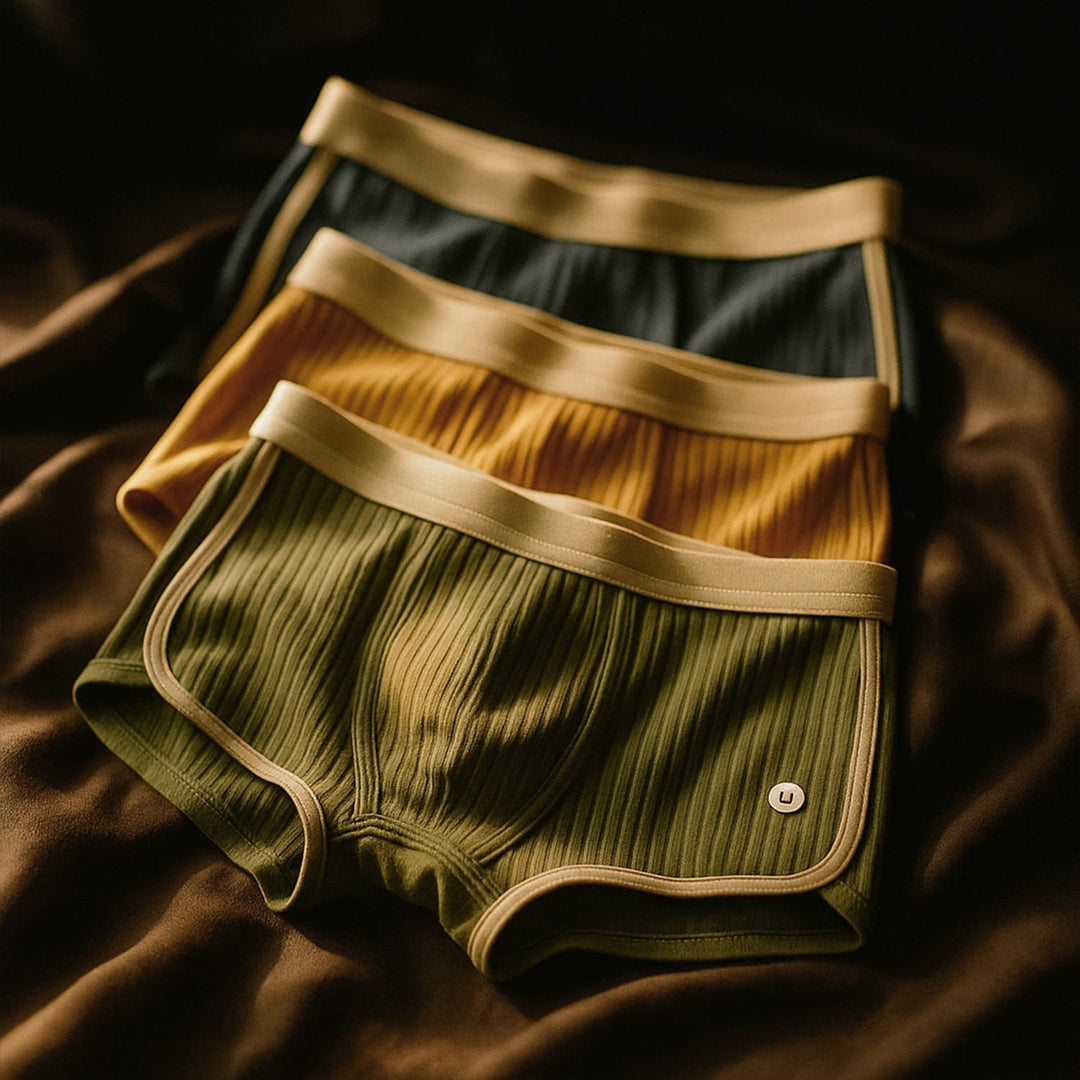 Sæt af ribstrikkede boxershorts til mænd i grøn, gul og mørk set fra siden