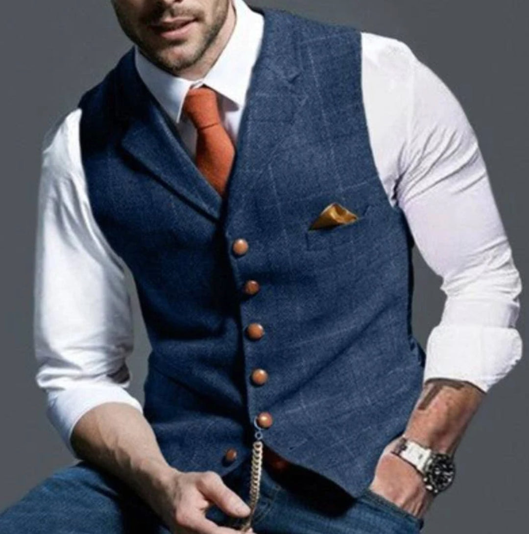 Blå slim fit vest herre med reverskrave og knapper