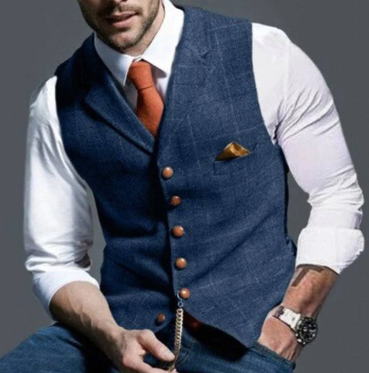 Blå slim fit vest herre med reverskrave og knapper