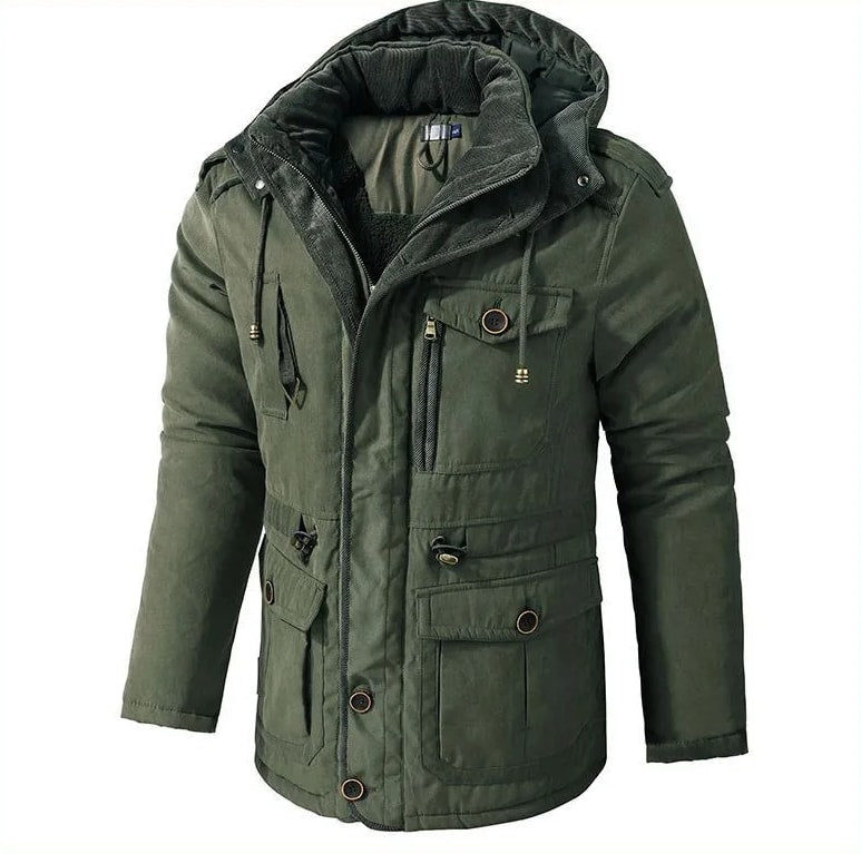 Grøn parka vinterjakke herre med hætte og snøretræk
