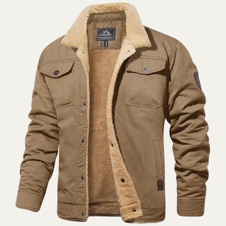 Khaki vinterjakke herre med teddyfoer og fleecekrave